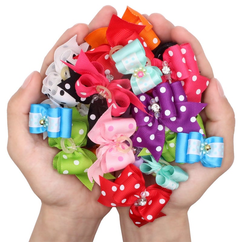 YOY 24 pcs/12 Pairs Adorable Grosgrain Ribbon Pet Dog Hair Bows with Elastic Rubber Bands - Doggy Kitty Topknot Grooming Accessories Set for Long Hair Puppy Cat - Image 5